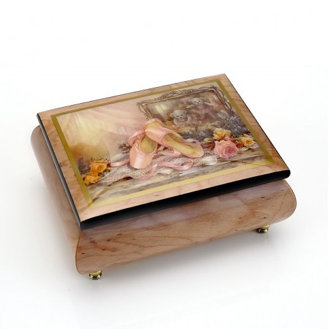 Lacquered wooden musical jewellery box with an inlaid image of rose ballerina slippers