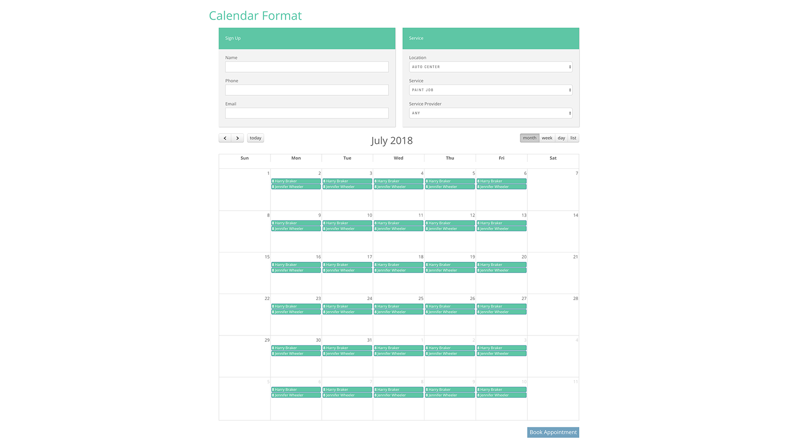 Booking Form Calendar Layout Month View