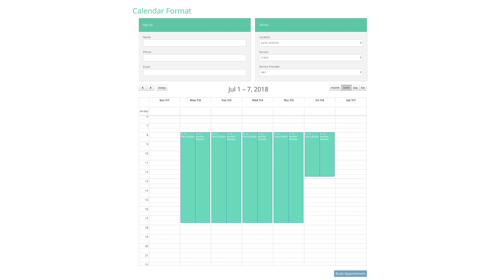 Booking Form Calendar Layout Week View