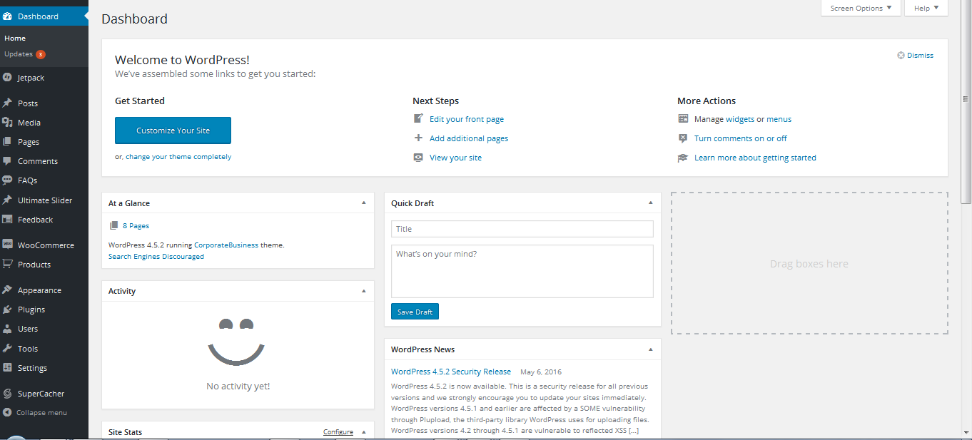 WP dashboard